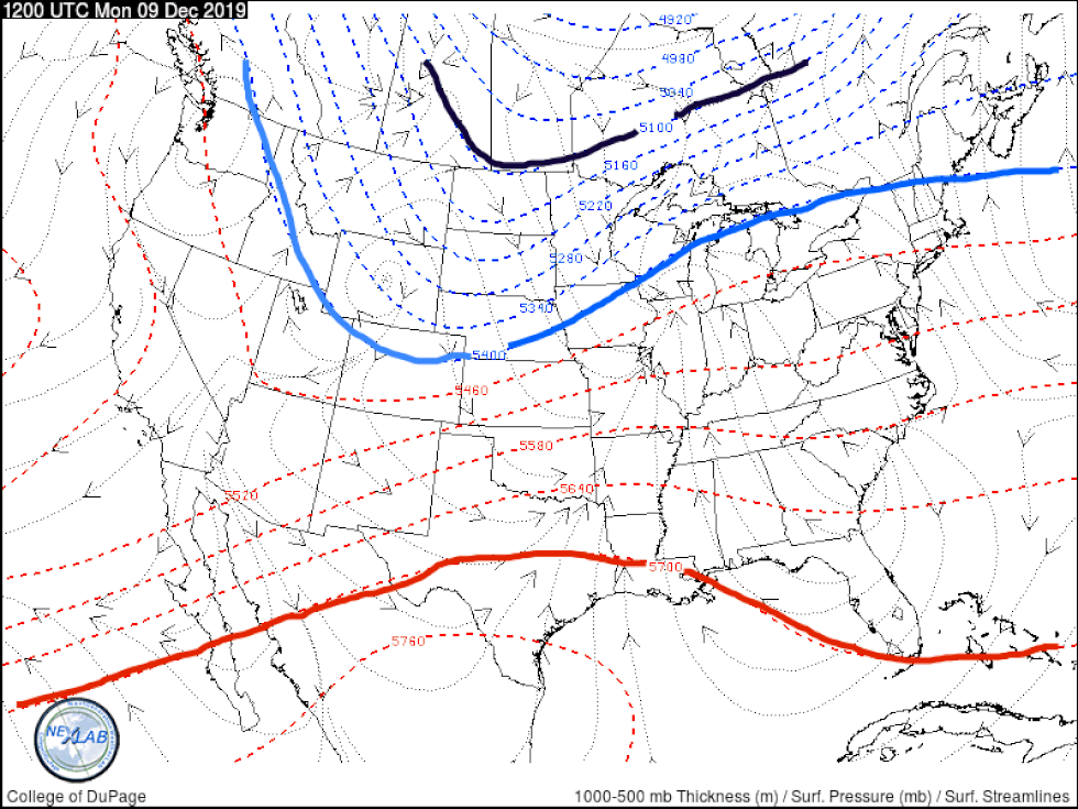 Current look at thickness values across the United States. Arctic air is associated with the...