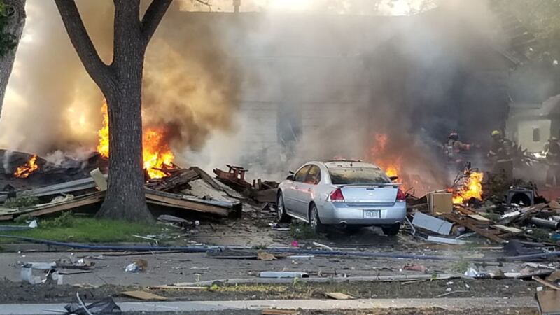 The wreckage after a house explosion and subsequent fire in Le Mars, Iowa.
