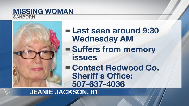 The Redwood County Sheriff's Office is searching for 81 year old Jeanine Jackson, from...