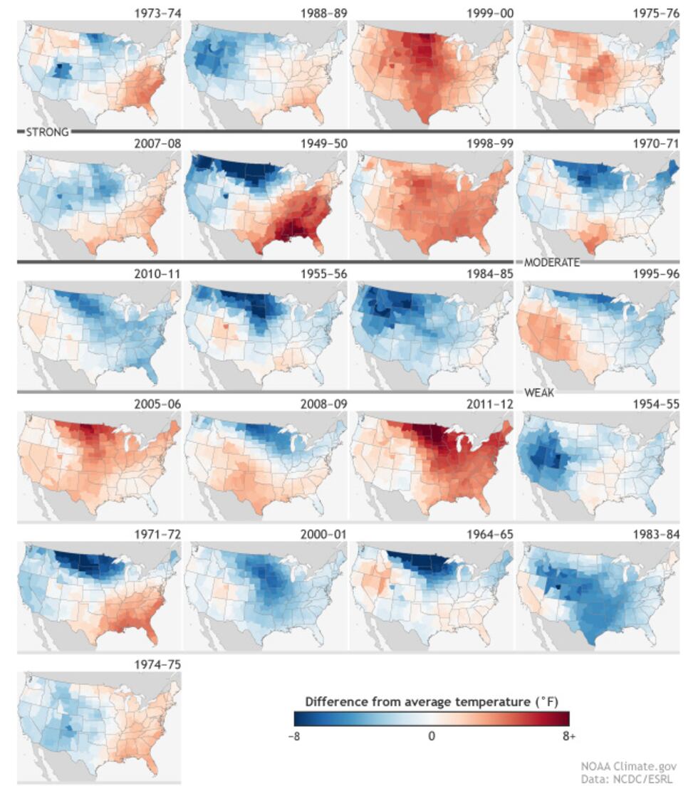 A look back at past temperature patterns with every La Niña event since 1950.