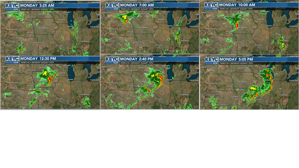 A storm complex raced from South Dakota through Iowa into Illinois before weakening in eastern...