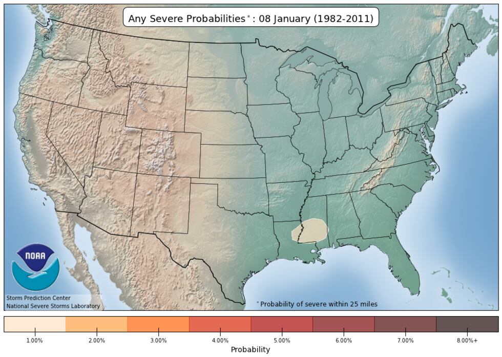 This is a look at the probability of severe weather across the Deep South Jan. 8th through the...