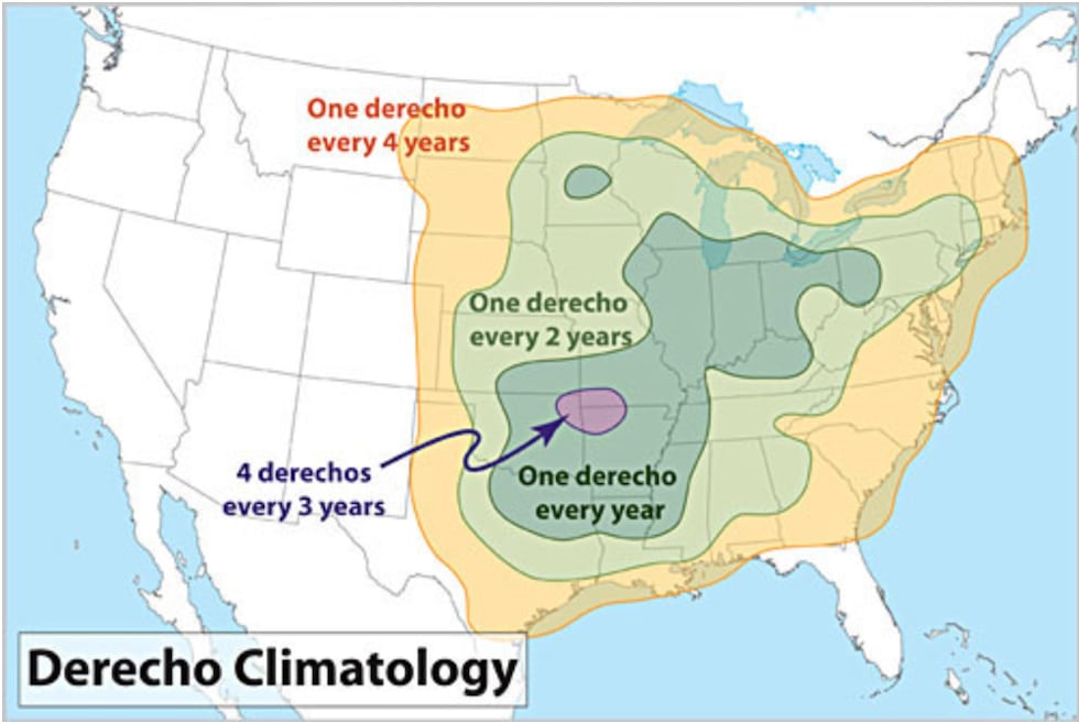 Derecho events are rare but most commonly occur in two locations. One along the Corn Belt from...