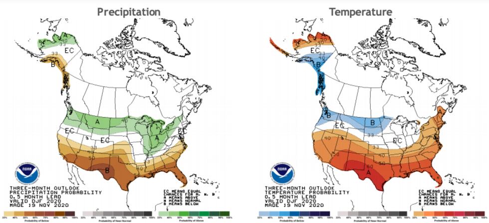 A look at the probability of temperatures and precipitation at being above or below average...