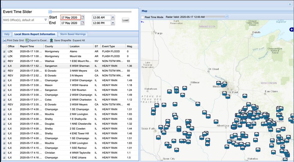 Here you can gather data of various storm reports including heavy rain, snow, hail, wind gust,...