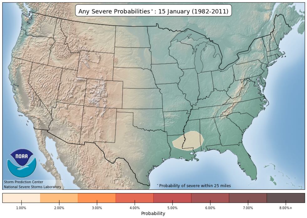 This is a look at the probability of severe weather across the Deep South Jan. 8th through the...