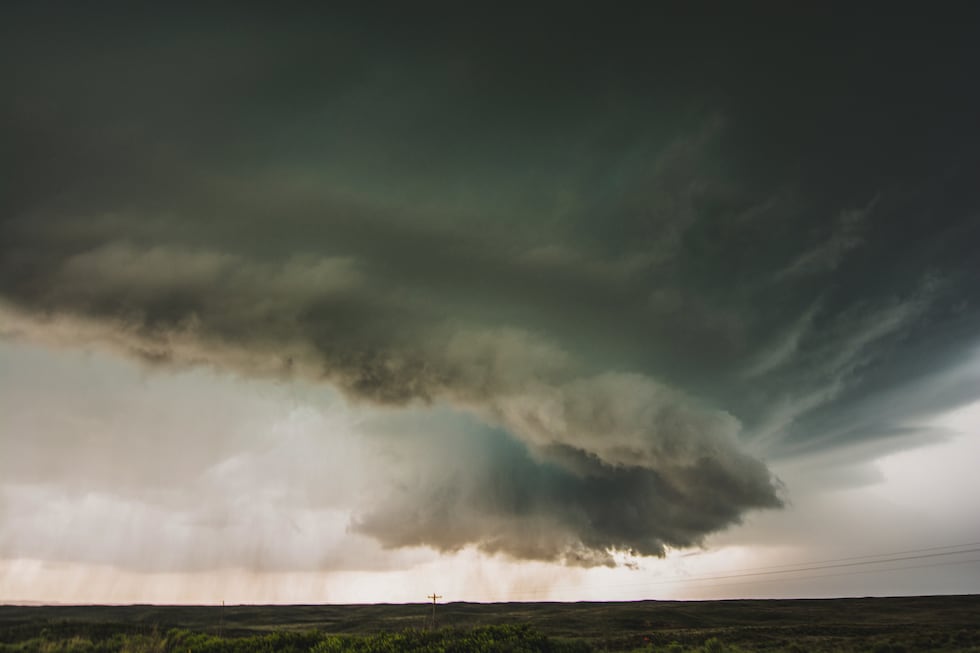 Well defined wall cloud on storm near Canadian, TX May 27, 2015. Notice the rain cooled air...