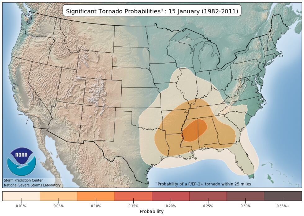 This is a look at the probability of a tornado with Enhance Fujita scale of 2 or greater on a...